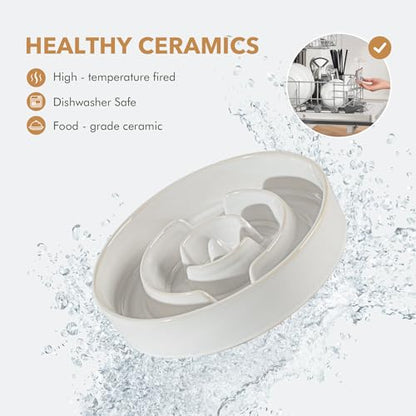 Havniva 1.6 Cup Elevated Slow Feeder Dog Bowls, 8.2” Dog Slow Feeding Bowls + 7.3” Ceramic Dog Water Bowls Set with Acacia Wood Stand Dog Food Bowls Puzzle Feeder for Medium Dogs Non-Slip Anti-choking - color: 2 x White + Stand - A, size: L- 8.2inch / 1.6