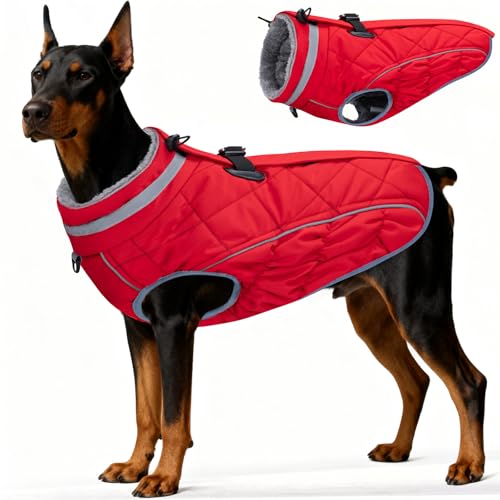 Dog Coat, Warm Dog Winter Coat for Large Dogs, Waterproof Jacket with Harness Built in, Reflective Turtleneck Cold Weather Coats with Zipper,Pet Fleece Vest Snow Jacket, Red XXXL - color: Red, size: XXXL