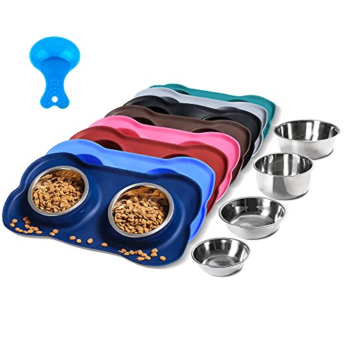 Hubulk Pet Dog Bowls 2 Stainless Steel Dog Bowl with No Spill Non-Skid Silicone Mat + Pet Food Scoop Water and Food Feeder Bowls for Feeding Small Medium Large Dogs Cats Puppies (Medium, Navy Blue) - color: Navy Blue, size: Medium