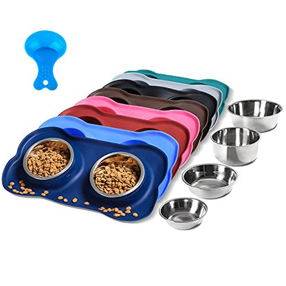 Hubulk Pet Dog Bowls 2 Stainless Steel Dog Bowl with No Spill Non-Skid Silicone Mat + Pet Food Scoop Water and Food Feeder Bowls for Feeding Small Medium Large Dogs Cats Puppies (Small, Navy Blue) - color: Navy Blue, size: Small
