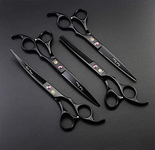 Purple Dragon Professional 7.0 inch 4PCS Pet Grooming Scissors Kit Japan Premium Steel Straight, Curved & Thinning Blade Dog Hair Cutting Shears Set with Case - color: Matte Black