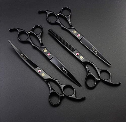 Purple Dragon Professional 7.0 inch 4PCS Pet Grooming Scissors Kit Japan Premium Steel Straight, Curved & Thinning Blade Dog Hair Cutting Shears Set with Case - color: Matte Black