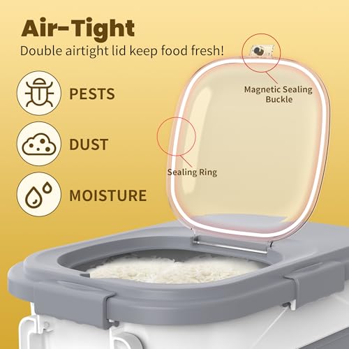 HOYTAMDA 20-30Lbs Rice Container,Collapsible Airtight Food Storage Containers with Wheels,Handle,Rice Storage Container with Small Bin and Scoop,Rice Dispenser for Flour Sugar Cereal Grain Dog Cat - color: Grey-20/30lbs