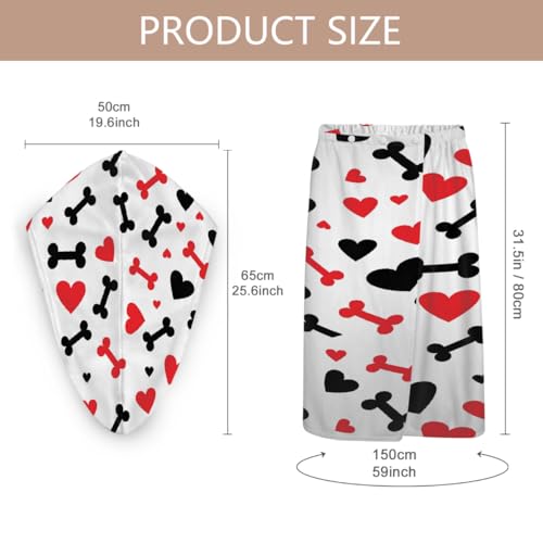 Hearts Dog Bones Microfiber Bathrobe and Hair Towel Wrap Set for Women Quick Dry Shower Towels Wrap Absorbent Soft Bath Robe and Hair Drying Cap for Spa After Shower