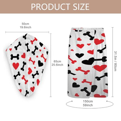 Hearts Dog Bones Microfiber Bathrobe and Hair Towel Wrap Set for Women Quick Dry Shower Towels Wrap Absorbent Soft Bath Robe and Hair Drying Cap for Spa After Shower