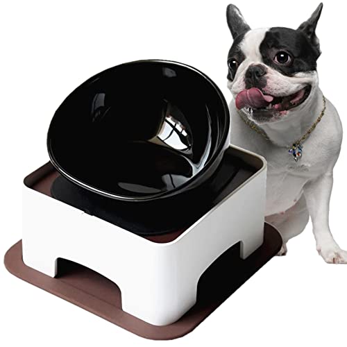 Ceramic Bulldog Bowl Dog Feeding Bowl - Dog Dish Wide Mouth Pet Sterile Tilted Pet Feeder with Anti-Skid Rubber Mat for Small Medium Dogs (Black) - color: Black bowl set