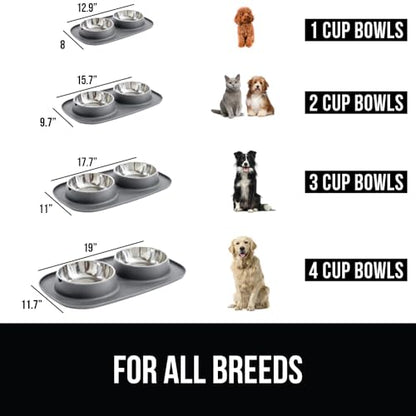 GORILLA GRIP Dog Bowl Set with Slip Resistant Silicone Feeding Mat, Food Grade 304 Stainless Steel Bowls, BPA Free, High Edge Spill Containment, Dishwasher Safe, Finger Notch Removal, 2 Cup, Gray - color: Gray, size: 2 Cup Bowls
