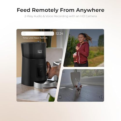 Penthouse Paws Smart HD Pet Feeder, 6L Dry Food Capacity, 1080p Camera, 2-Way Audio, Scheduled Meals, Backup Power, Easy to Clean, Anti-Jam Design for Cat & Dog, Black/Stainless Steel - color: Black with Steel Tray