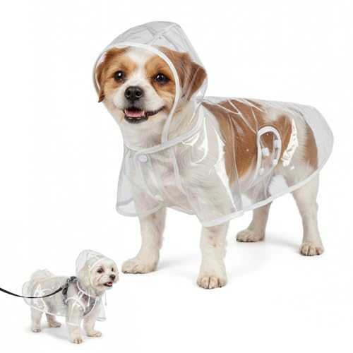 Clear Dog Raincoat for Small Medium Dogs Waterproof Hooded Pet Poncho with Adjustable Snaps Leash Hole Packable Rain Coats Lightweight Cape for Bichon Poodle (3-6lbs) (Medium)