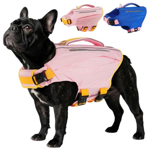 Kuoser Dog Life Jacket, Reflective Swim Vest Adjustable with Rescue Handle | High Flotation, Rescue Handle, Adjustable, Reflective,2 Storage Pockets, Pool Lake Boat Beach, Small Medium Large dogs - color: Pink, size: M (Chest Girth:20.5-25.2'')