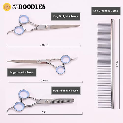 Dog Grooming Scissors Kit - Best Tools for Goldendoodles & Poodles- Straight, Curved & Thinning Shears - Golden Doodle Grooming Professional Grade Stainless Steel, 4 Pc Set (Long Silver) - size: Long
