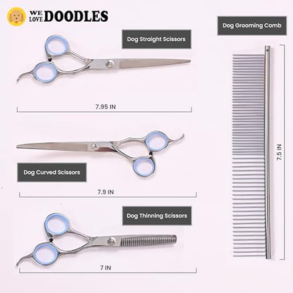 Dog Grooming Scissors Kit - Best Tools for Goldendoodles & Poodles- Straight, Curved & Thinning Shears - Golden Doodle Grooming Professional Grade Stainless Steel, 4 Pc Set (Long Silver) - size: Long