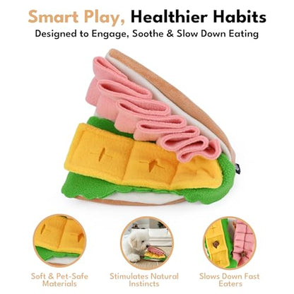 CHEWFFON Interactive Half Sandwich Dog Toy, Crinkle Plush Snuffle Toy with 3 Treat Pockets & Multi-Layer Hiding Design, Enrichment Puzzle Toy for Small & Medium Dogs