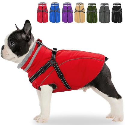 Fragralley Dog Coat with Harness Built in, Waterproof Windproof Reflective Warm Puffer Jacket, Fleece Lined Vest Winter Parka for Small, Medium, Large Dogs - color: Red, size: Small