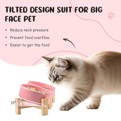 SPUNKYJUNKY 15° Slanted Ceramic Dog and Cat Bowl with Wooden Stand, Tilted Bulldog Food and Water Bowl No Slip Non-Spill for Cats Medium Dogs Big Face Pets 13.5 OZ (1.7 Cups, Pink × 2) - color: Pink, size: 1.7 CUPS × 2