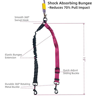 Heavy Duty Double Dog Leash for 2 Large Dogs, 5ft Shock Absorbing Bungee with 360° No Tangle Swivel, Reflective Dual Pet Leash with Comfort Grip for Walking Running Hiking