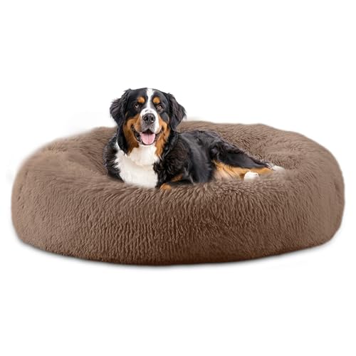Bunlitent 46'' Donut Dog Bed, Calming Dog Bed for Large Sized Dog, Brown | Plush Anti-Anxiety, Donut Shape, Warming Cozy, Round Cuddler Nest, Soft Cute,Marshmallow Cuddler Nest Pet Bed - color: Brown, size: 46"L x 46"W x 8"Th