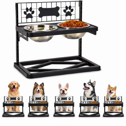 Elevated Dog Bowls Raised Pet Feeder Adjustable Dog Bowl Stand with Stainless Steel Bowls and ABS Frame, Double Dog Feeding Station with Paw Print Bone Decor for Medium Large Dogs