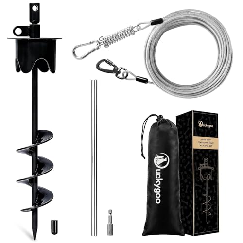 Dog Tie Out Cable & Stake with Lock-Cap, Heavy Duty Dog Stake for Outside with Shock Spring, 20FT Rust Proof Leash and Stakes for Yard, Beach, Camping 350 LBS, Black - color: Black, size: 17IN STAKE+20FT CABLE