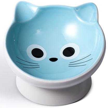 Raised Ceramic Cat Food Bowl - 15 Tilted, Spine Protection, Anti-Vomiting, Backflow Prevention for Adult Cats, Kittens, and Small Dogs (Blue Face) - color: blue white