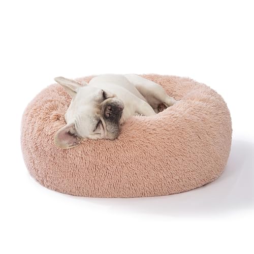 SAVFOX 23 inches Calming Donut Dog Bed - 3X Durable Plush Faux Fur, Machine Washable & Non-Slip, Fits up to 25 lbs, Pink - color: Pink, size: Small | 23"x23"