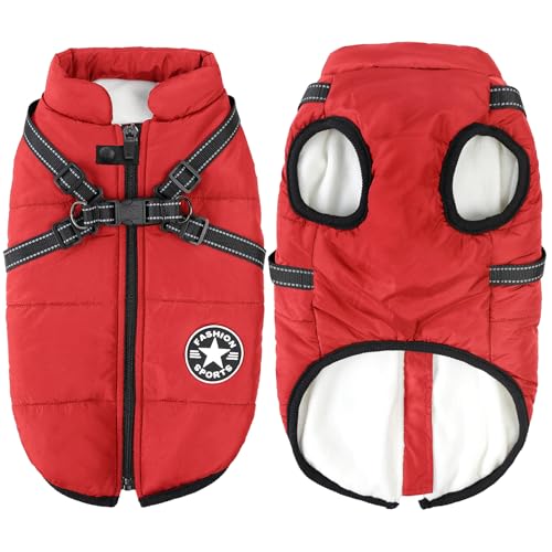 Aiboria Dog Jacket Windproof Warm Pet Fleece Coat Dog Sweater Padded Vest with Chest Strap Harness Red L - color: Red, size: Large