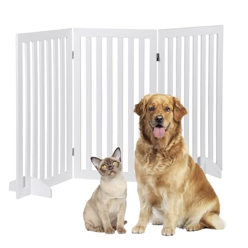 36 Inch Freestanding Indoor Retractable Dog Gate Pet Gate for Stairs, Hallways or Doorways 3 Panels Indoor Foldable Puppy Dog Fence Wooden Safety Fence, White - color: White, size: 3 Panel 36"H