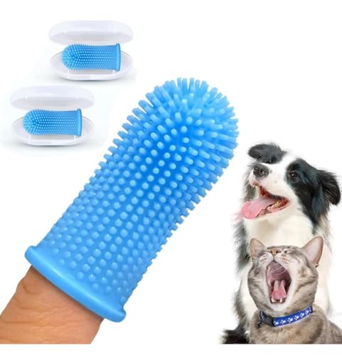Gomoly Pet Toothbrush, 360 ° Dog Tooth Cleaning Set, Cat Finger Cover Toot-hbrush for Cleaning Tongue Coating and Tooth Care, Pet Silicone Finger Cover Toothbrush Set of 2 with Case (Blue),Large - color: Blue