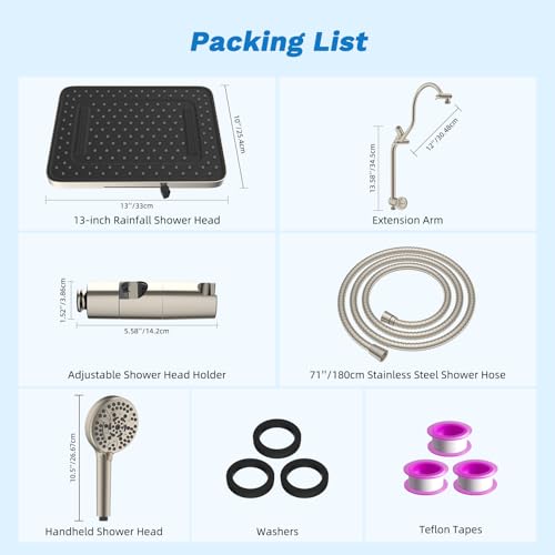 Hibbent cUPC Certified 13'' Shower Head Combo, High Pressure 5 Spray Rainfall Showerhead, 10 Spray Handheld, All Metal Easy Reach 4-way Diverter Arm with Pause Mode, 71'' Hose & Holder, Brushed Nickel - color: Brushed Nickel, style: Square 13"
