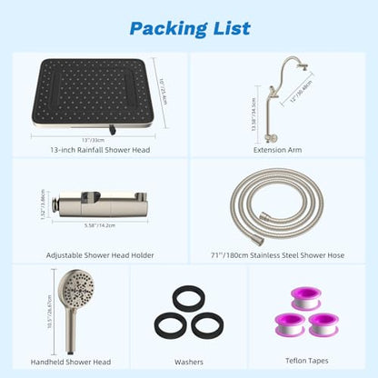 Hibbent cUPC Certified 13'' Shower Head Combo, High Pressure 5 Spray Rainfall Showerhead, 10 Spray Handheld, All Metal Easy Reach 4-way Diverter Arm with Pause Mode, 71'' Hose & Holder, Brushed Nickel - color: Brushed Nickel, style: Square 13"