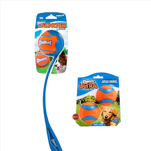 Chuckit! Ultra Ball & Launcher Bundle - Sport 18" with 2 Pack Medium (2.5") Bouncy Fetch Balls for Dogs 20-60 lbs, Dog Fetch Ball Thrower - size: 18in, style: Ultra Ball & Launcher Bundle