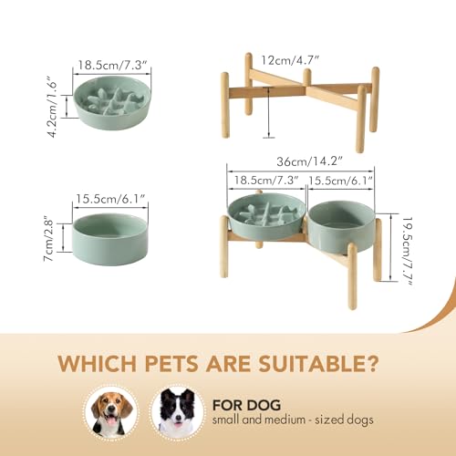 Havniva 7.3” Raised Slow Feeder Dog Bowls Set, 1.2 Cups Ceramic Slow Feeder Dog Bowl and 6.1” Dog Water Bowl with Elevated Wooden Stand Puzzle Dog Food Bowl for Small Dogs Anti-Gulping & Anti-Choking - color: 2 x Light Green+Stand-C, size: 7.3inch