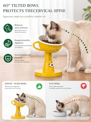 Elevated Cat Bowls - 60° Tilted Small Dogs Cats Water Food Bowl, 7-Level Adjustable Height Raised Cat Bowl for Indoor, Anti-Vomiting Spine Protection, Non-Slip Stand Dishwasher Safe, Yellow - color: Yellow
