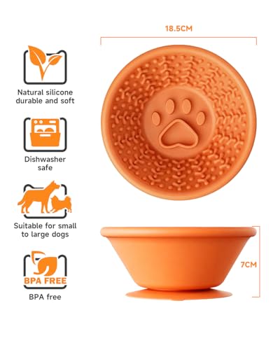 Dog Lick Bowl, Non-Slip Slow Feeder Licking Mat & Treat Dispenser (Wide Bowl Mouth w/Inlaid Stainless Steel Ring) - Interactive Toys, Anxiety Reducer, Freeze Bone for Dogs, BPA Free Silicone - color: orange