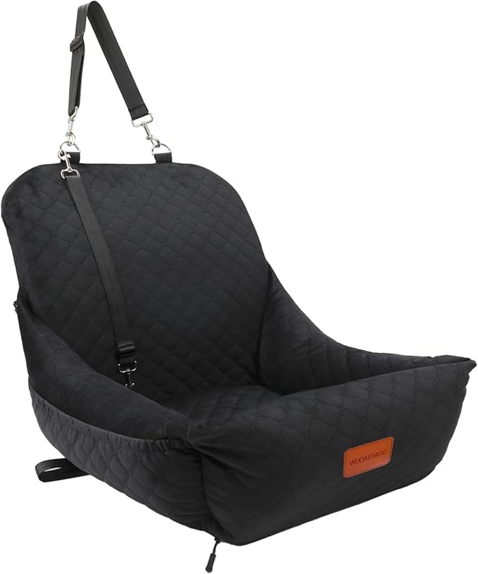 Wooaidagg Dog Car Seat for Small Dogs Up to 25 lbs,Covered Ultra-Soft Fabric and Fill in Memory Foam,Fully Detachable and Washable,2 Clip-On Safety Leashes and Storage Pockets(Black) - color: Black