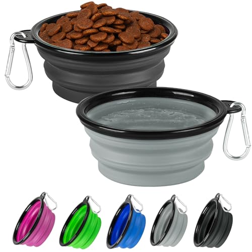 Dog Bowl Collapsible, 2 Pack Portable Foldable Travel Water Bowl Food Dishes with Carabiner Clip for Traveling, Hiking, Walking(12oz, Small, Grey+Black) - color: Grey+Black, size: Small