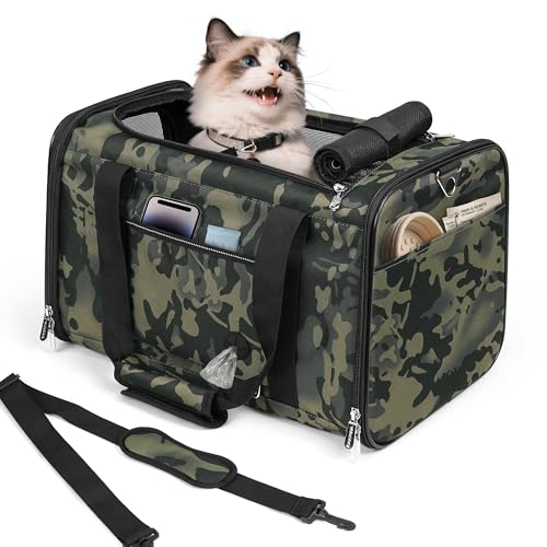 Cat Carrier Soft 25lbs Two Loading Pet Carriers Portable Small Dog Puppy Airline Approved Carrier with Side Pockets Foldable Portable for Outdoor Car Black Camouflage - color: Black Camouflage（No Privacy Curtain)