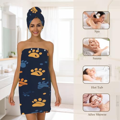 Dog Paw Orange Blue Microfiber Bathrobe and Hair Towel Wrap Set for Women Quick Dry Shower Towels Wrap Absorbent Soft Bath Robe and Hair Drying Cap for Spa After Shower