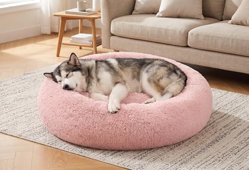 SAVFOX 36 inches Calming Donut Dog Bed - 3X Durable Plush Faux Fur, Machine Washable & Non-Slip, Fits up to 100 lbs, Pink - color: Pink, size: Large | 36"x36"