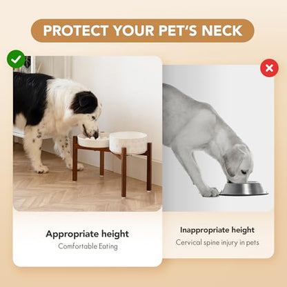 Havniva 1.6 Cup Elevated Slow Feeder Dog Bowls, 8.2” Dog Slow Feeding Bowls + 7.3” Ceramic Dog Water Bowls Set with Acacia Wood Stand Dog Food Bowls Puzzle Feeder for Medium Dogs Non-Slip Anti-choking - color: 2 x White + Stand - C, size: L- 8.2inch / 1.6