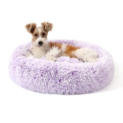NOYAL Calming Donut Dog Bed for Small to Medium Dogs & Cats - Plush Faux Fur Anti-Anxiety Pet Bed with Machine Washable Cover & Non-Slip Base - color: Gradient Purple, size: Small 19.6''