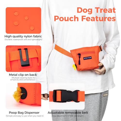 Dog Treat Pouch, Powerful Magnet Closure Device Dog Training Treat Bag Large Capacity Pet Treat Pouch with Poop Bag Dispenser Treat Bag for Dog Training with Metal Waistband Clip (Orange) - color: Orange