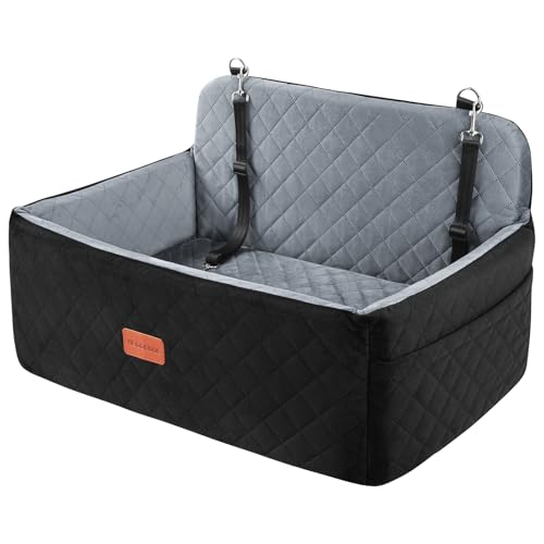 HEGGCOOE Dog Car Seat for Medium/Large Dogs, Pet Booster Seat for Up to 55 lbs or 2 Small Dogs, Detachable & Washable Dog Car Bed for Backseat with 2 Safety Leashes (Black/Grey) - color: Black/Grey