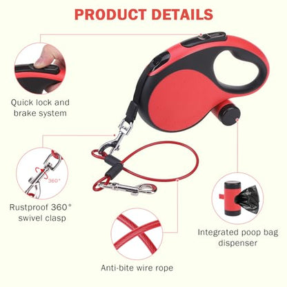 SCENEREAL Retractable Dog Leash for Small Medium Large Dogs up to 110lbs, 26ft 360° Tangle-Free Nylon Tape with Anti-Chewing Wire Rope&Waste Bag Dispenser, Heavy Duty Long Durable One-Handed Brake - color: Chew Proof (Black & Red /26ft)