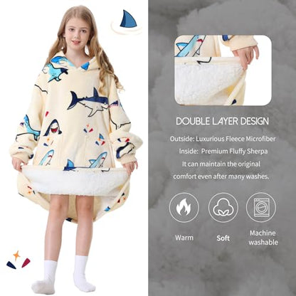 Aemicion Kids Wearable Blanket Hoodie-Shark Plush Hooded Blanket with Pockets, Cozy Fleece Sherpa Blanket as Gift for Boys Girls - color: Big Shark/Kids, size: Kids