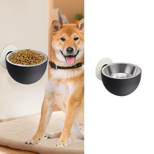 MANON ROSA Hanging Pet Feeding Bowl - Wall-Mounted Angle Adjustable Stainless Steel Food Bowl for Dogs and Cats Anti-Slip Spill-Proof Neck Protection (Black) - color: Black