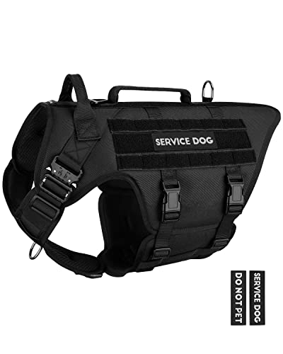 Tactical Dog Harness - PETNANNY Service Dog Vest for Large Dogs Fully Body Coverage in Training Dog Harness with 2 Reflective Dog Patches, Handle, Hook and Loop Panels, Dog MOLLE Vest (Black, M) - color: Black, size: Extended Back M (Chest: 25-35", Neck: