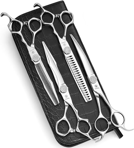 GLADOG Luxury Dog Grooming Scissors Set - 7" Straight, 6.5" Thinning, 7" Chunkers, 7" Curved - 9CR Steel, Silver Luxe, Right Hand, Plastic Handle, 4 Count - style: Premium Set