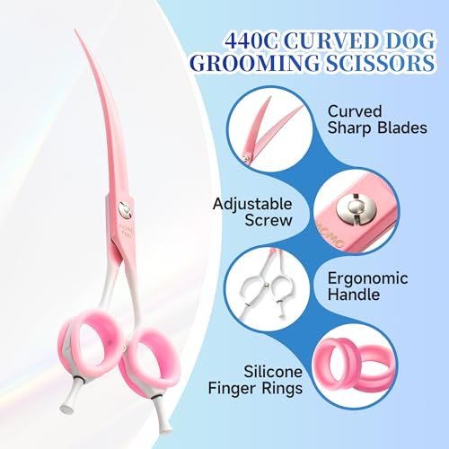 7'' Curved Dog Grooming Scissors Pink to White Gradient | 440C Stainless Steel, Sharp Durable, Professional or Home Use,Ergonomic Handle with 2 Silicone Finger Rings - color: Pink
