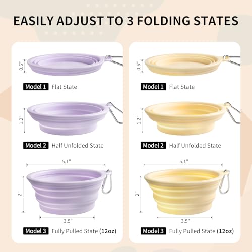 Collapsible Dog Bowls 2-Pack, Portable Travel Dog Bowl with Carabiner, Food-Grade Silicone Pet Bowl for Hiking, Walking (Macaron Yellow and Violet) - color: 12 OZ Macaron Yellow and Violet